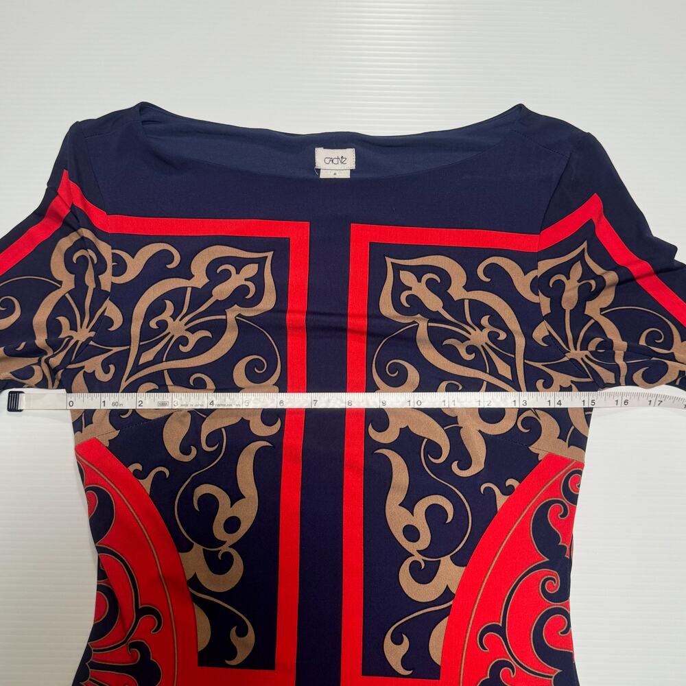 Cache Bodycon Sheath Dress Baroque Navy Red Women’s Medium Boat Neck Geometric - Picture 12 of 16